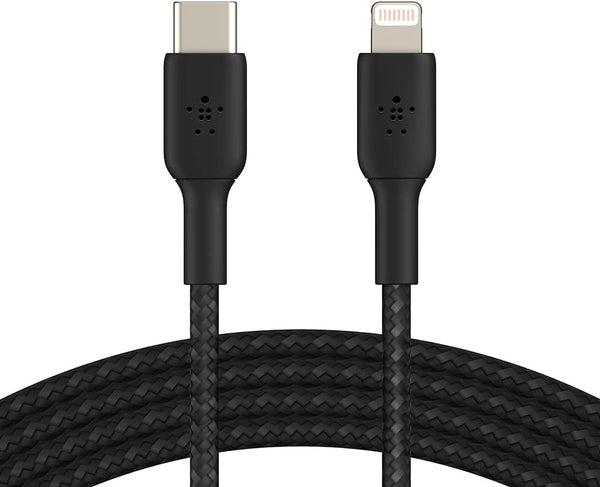 كابل شحن USB-C إلى Lightning مضفر من النايلون من Belkin Boost Charge بطول 6.6 قدم/2 متر، أسود 
