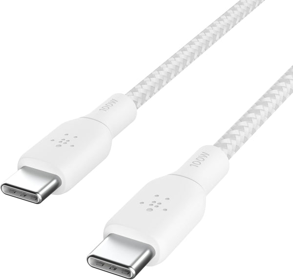 كابل شحن Belkin Boost Charge USB C إلى USB C بطول 6.6 قدم، شاحن من النوع C بقوة 100 وات وبطول 2 متر، باللون الأبيض 