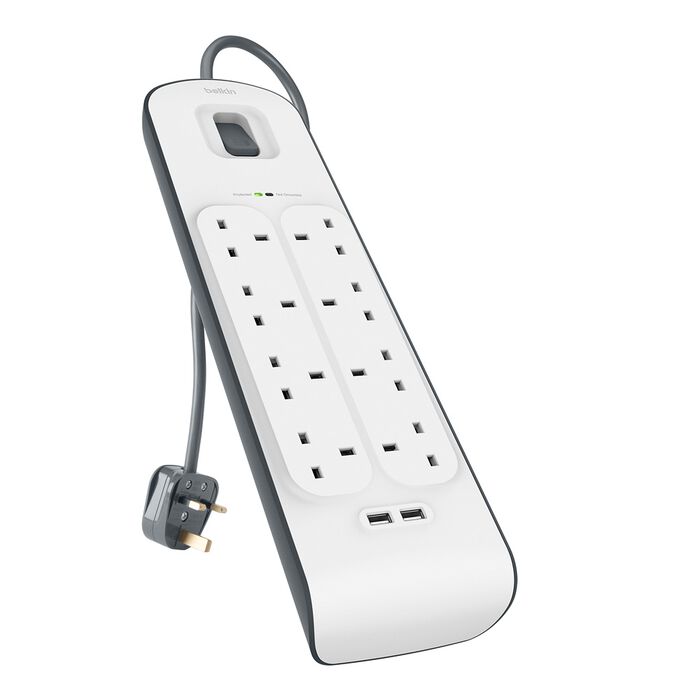 شريط حماية من زيادة التيار الكهربائي Belkin 2.4 أمبير USB للشحن 8 منافذ أبيض