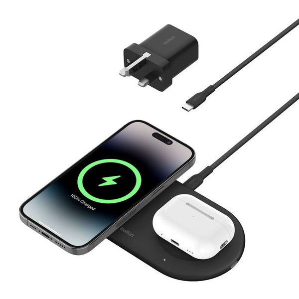 لوحة شحن لاسلكية Belkin Boost Charge Pro 2 في 1 مع Qi2 مغناطيسي 15 واط، لون أسود