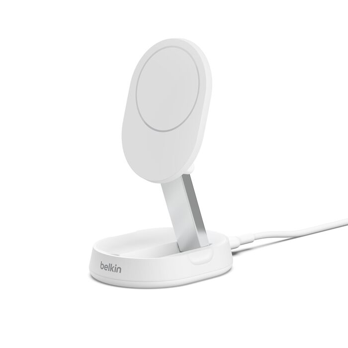 حامل شحن لاسلكي مغناطيسي قابل للتحويل Belkin Boost Charge Pro بقوة 15 وات، متوافق مع MagSafe، شاحن لاسلكي سريع Qi2 باللون الأبيض