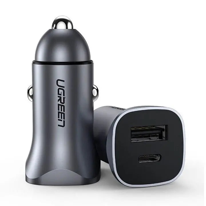 UGREEN Dual USB-A + USB-C 30W Car Charger with PD 3.0/QC 3.0 - Grey