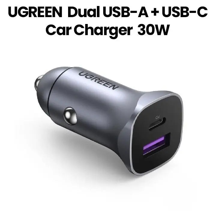 UGREEN Dual USB-A + USB-C 30W Car Charger with PD 3.0/QC 3.0 - Grey