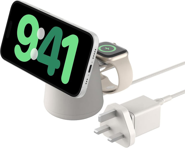 قاعدة شحن لاسلكية Belkin Boost Charge Pro 2 في 1 مع MagSafe 15W لجهاز IPHONE 15/ 14/ أبيض