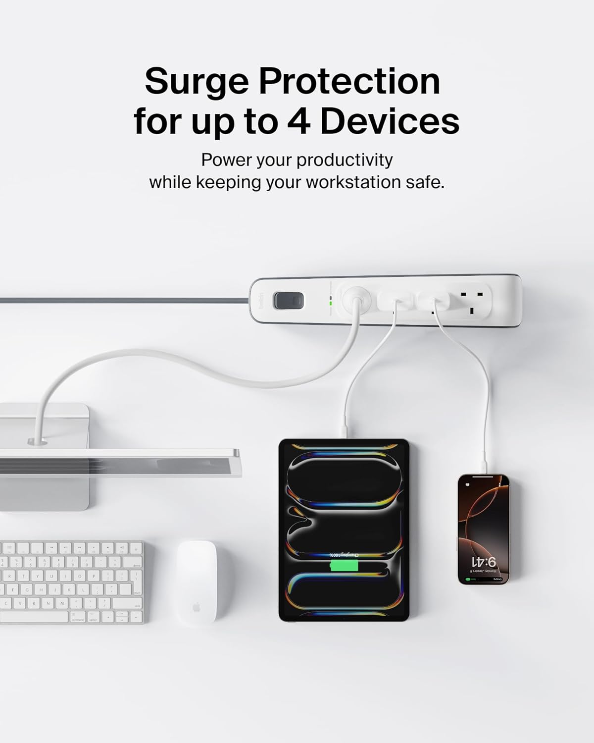 شريط حماية من زيادة التيار الكهربائي Belkin 2.4 أمبير USB للشحن 8 منافذ أبيض