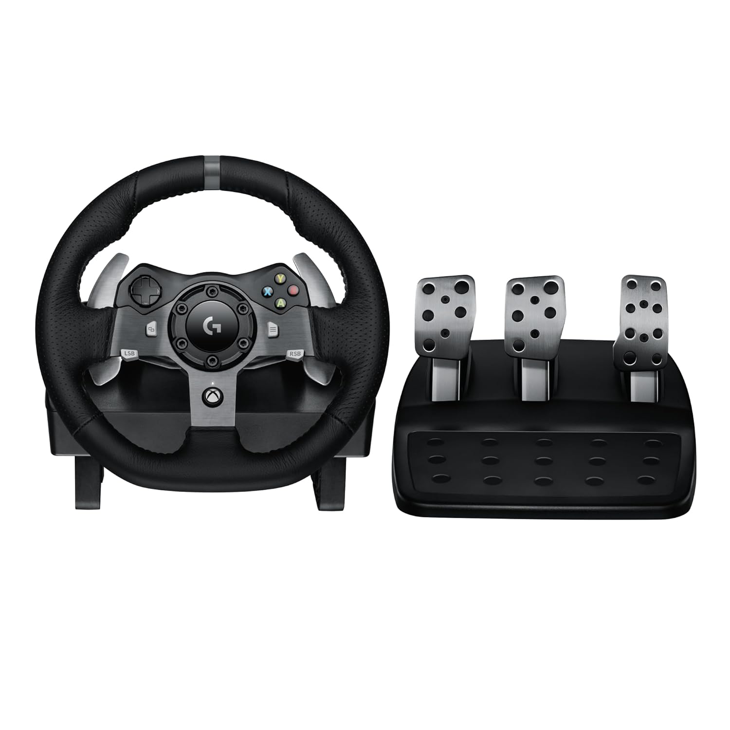 عجلة قيادة سباق Logitech G92 Driving Force ودواسات أرضية، وReal Force Feedback، ومبدلات تبديل من الفولاذ المقاوم للصدأ، وغطاء عجلة قيادة من الجلد لأجهزة Xbox Series X|S وXbox One والكمبيوتر الشخصي وMac - أسود