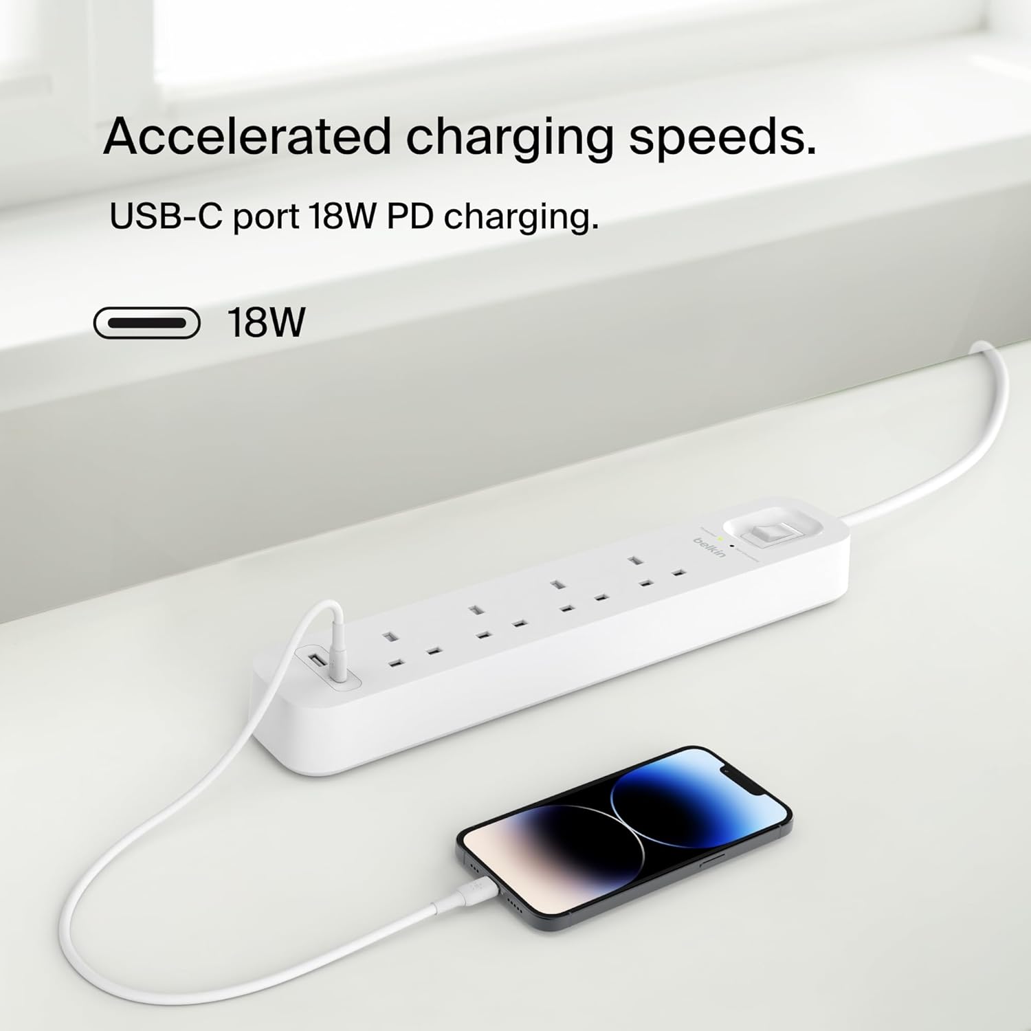 شريط طاقة Belkin 4 منافذ، واقي من زيادة التيار، قابل للتركيب على الحائط مع 4 منافذ تيار متردد، سلك طاقة بطول 2 متر، أبيض