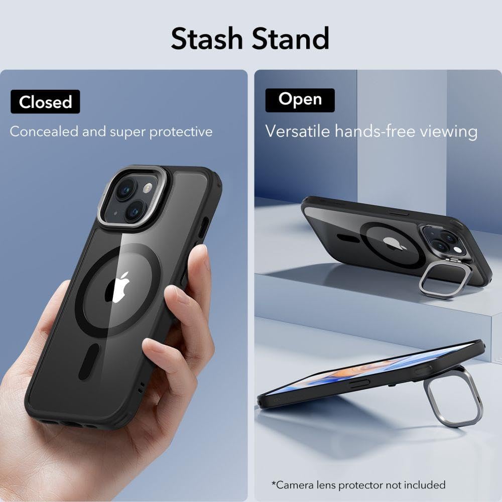 ESR Classic Hybrid Case with Stash Stand Halo Lock Compatible with iPhone 15 Plus, Clear Black