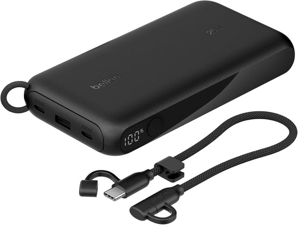 شاحن محمول من Belkin، بنك طاقة USB-C سعة 20,000 مللي أمبير/ساعة مع منفذين من النوع C ومنفذ USB-A واحد باللون الأسود 