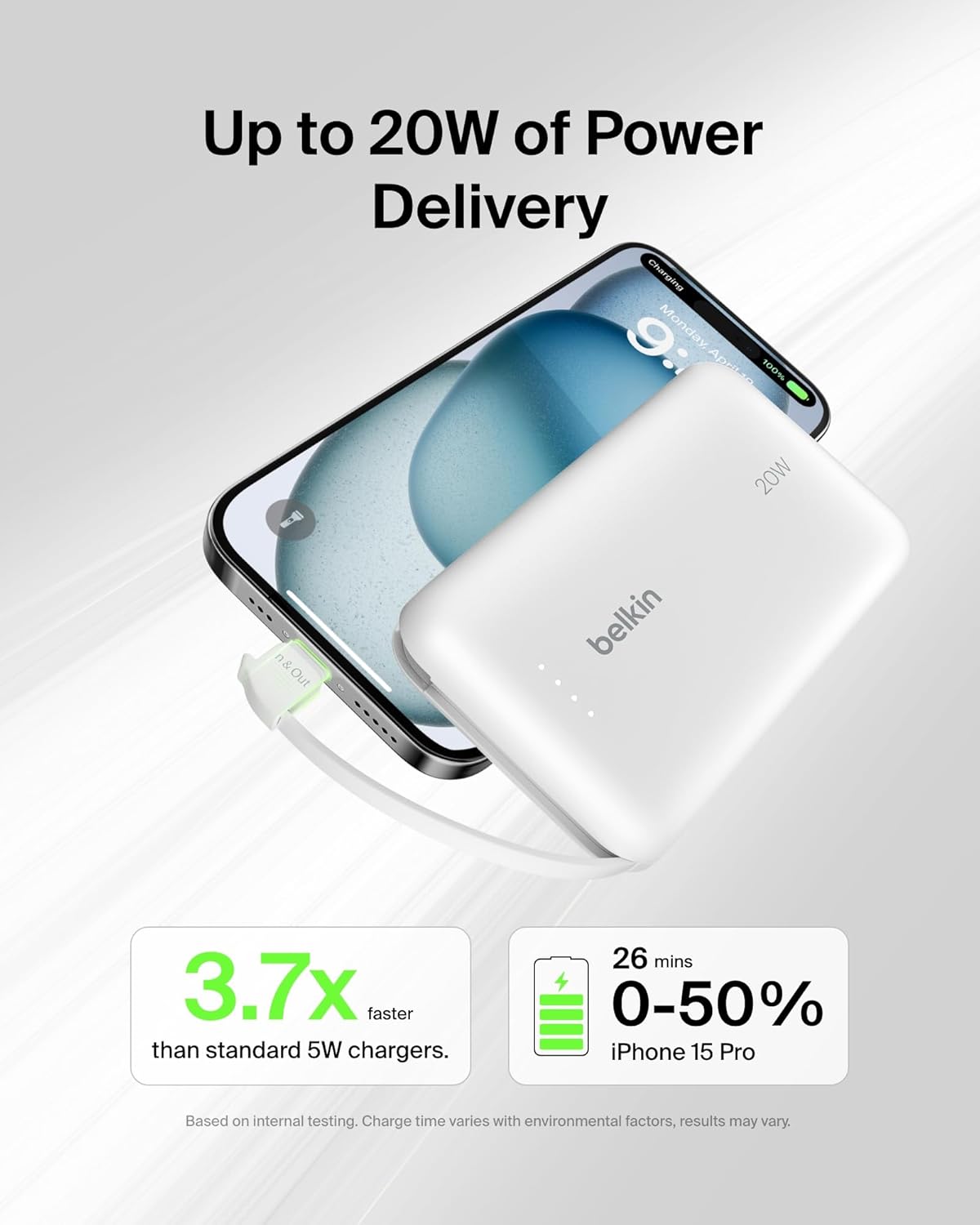 شاحن سريع محمول من Belkin مع كابل مدمج 10K PD 20W أبيض