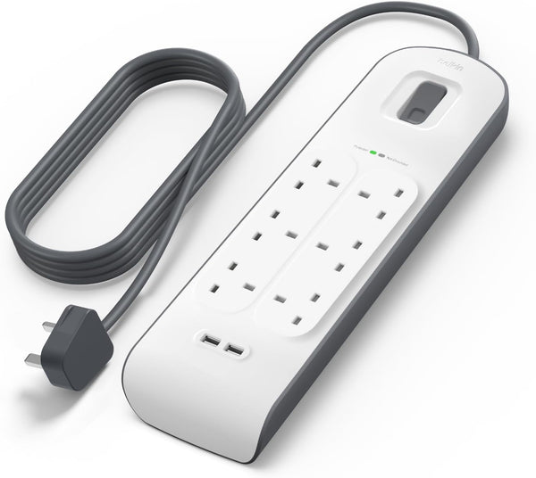 شريط حماية من زيادة التيار الكهربائي من Belkin بستة اتجاهات بطول مترين مع منفذي شحن USB بقوة 2.4 أمبير، باللون الأبيض