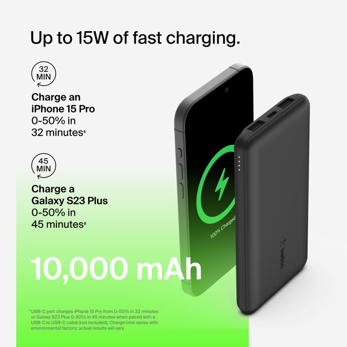 Belkin Portable Charger, USB C Power Bank 10000 mAh w/ 2xUSB-A Ports, 15W w/ Type-C to Type-A Cable Black