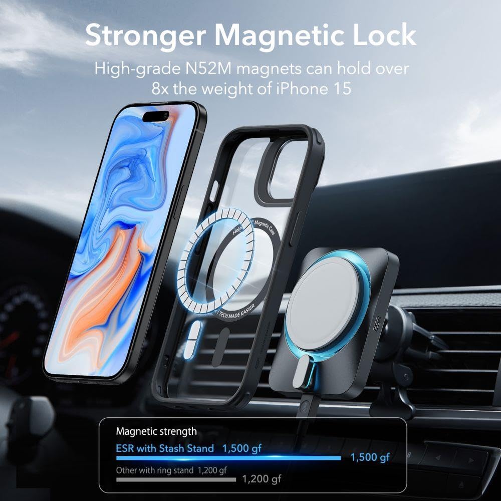 ESR Classic Hybrid Case with Stash Stand Halo Lock Compatible with iPhone 15 Plus, Clear Black