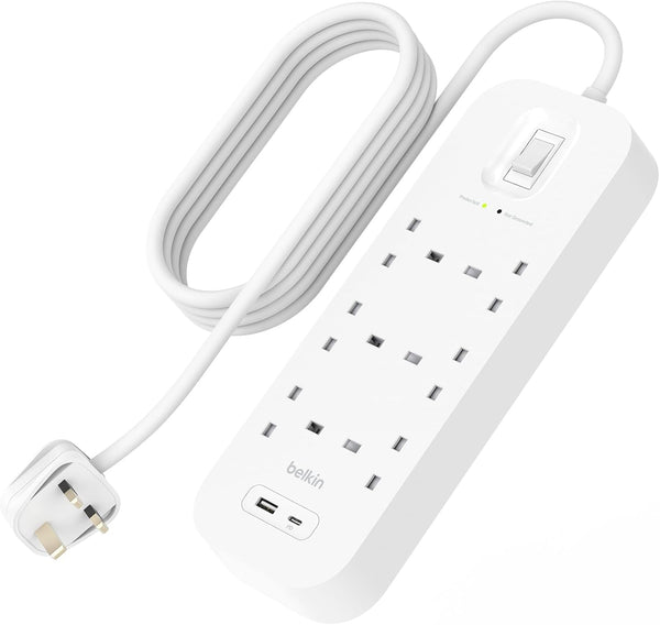 شريط طاقة Belkin 6 منافذ، واقي من زيادة التيار، قابل للتركيب على الحائط مع 6 منافذ تيار متردد، سلك طاقة بطول 2 متر، أبيض
