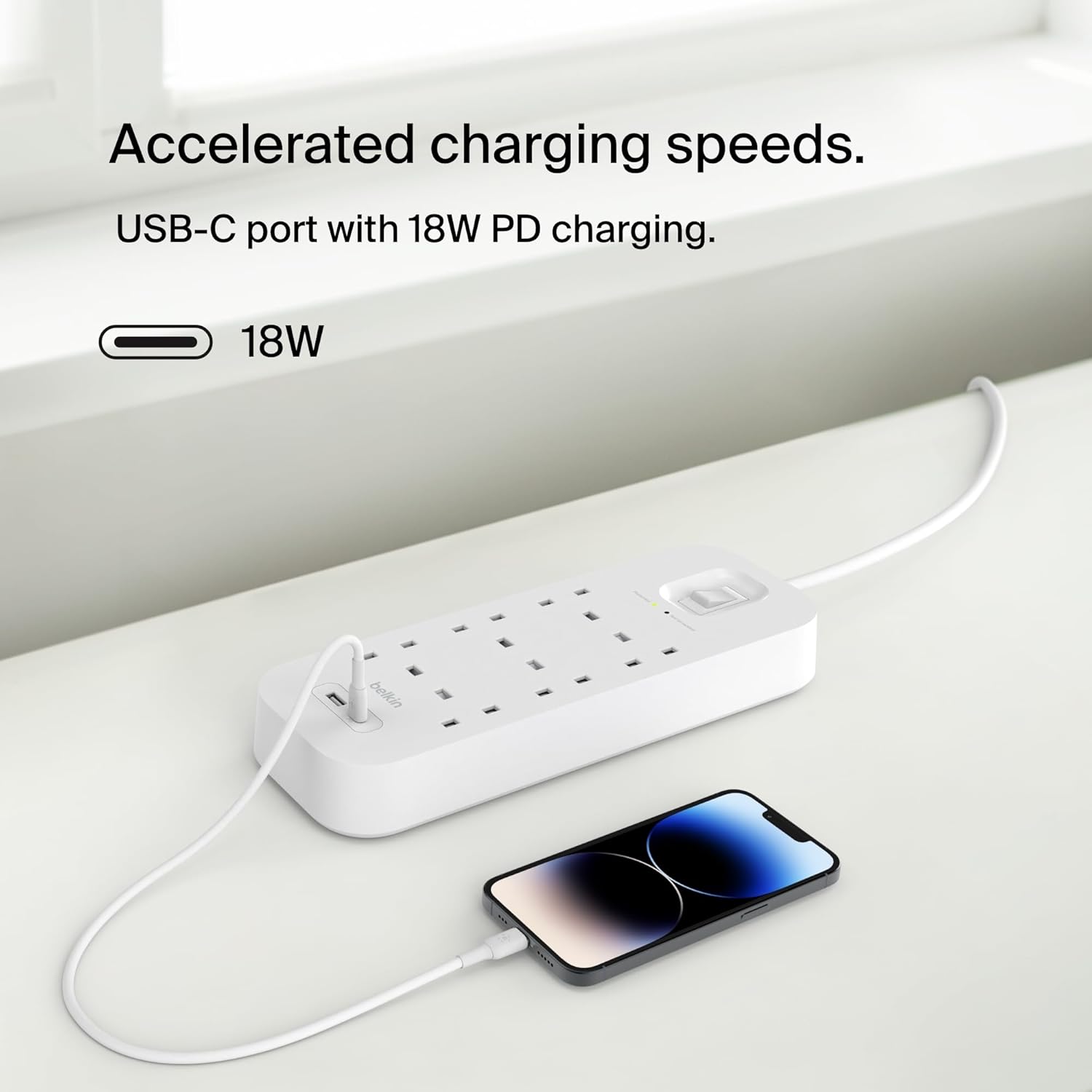 شريط طاقة Belkin 6 منافذ، واقي من زيادة التيار، قابل للتركيب على الحائط مع 6 منافذ تيار متردد، سلك طاقة بطول 2 متر، أبيض