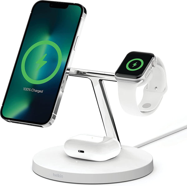 Belkin BoostCharge PRO 3-in-1 Wireless Charger with MagSafe for iPhone 13, 12 + Apple Watch + AirPods White