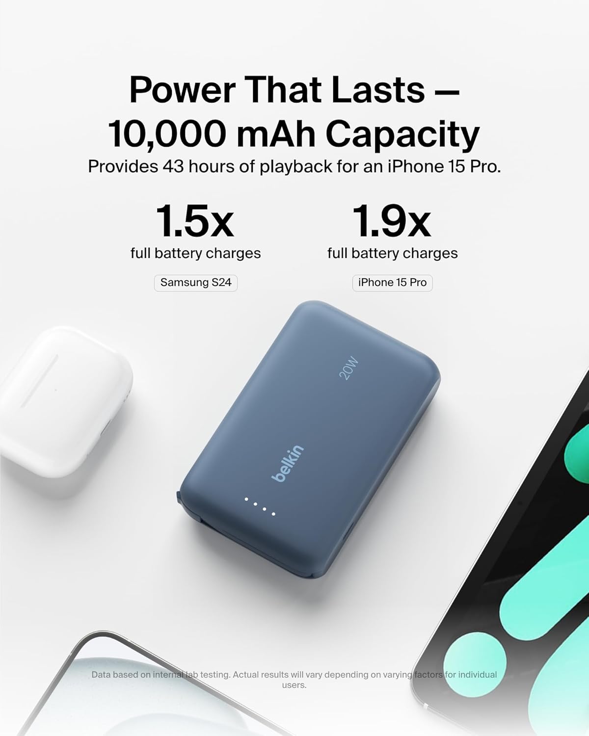 Belkin BoostCharge power bank 10000mAh, portable power bank with integrated cable PD 20W, fast charge USB-C power delivery, power bank fast charging for iPhone 16 series, iPad Pro, Galaxy S24 and more