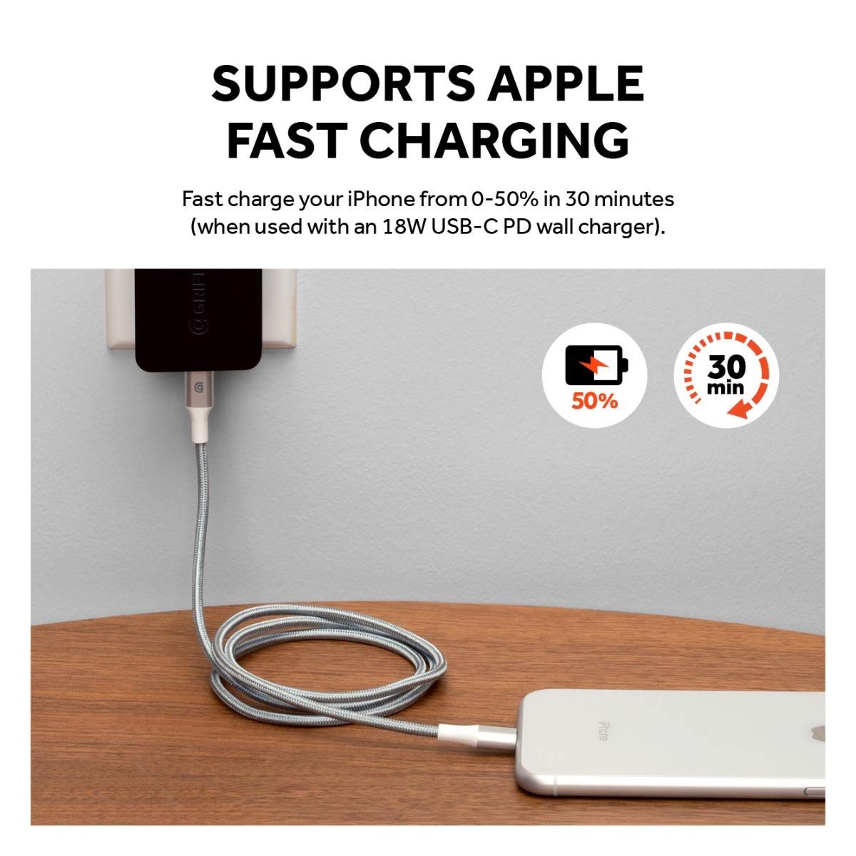Griffin Premium USB-C to Lightning Cable - 3FT, Silver