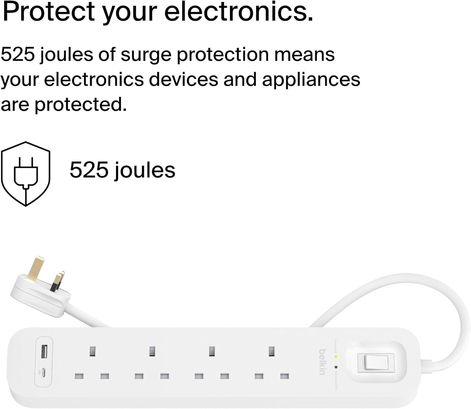 Belkin 4-Outlet Surge Protector Power Strip, Wall-Mountable with 4 AC Outlets, 2M Power Cord White