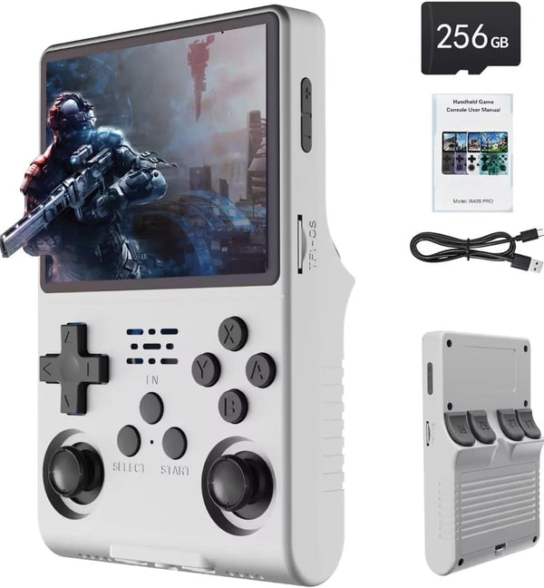 وحدة تحكم ألعاب محمولة R40S Pro Retro، شاشة IPS مقاس 3.5 بوصة، وحدة تحكم ألعاب محمولة ببطارية 3800 مللي أمبير في الساعة، نظام Linux مع بطاقة 256 جيجابايت وأكثر من 30000 لعبة (أبيض)