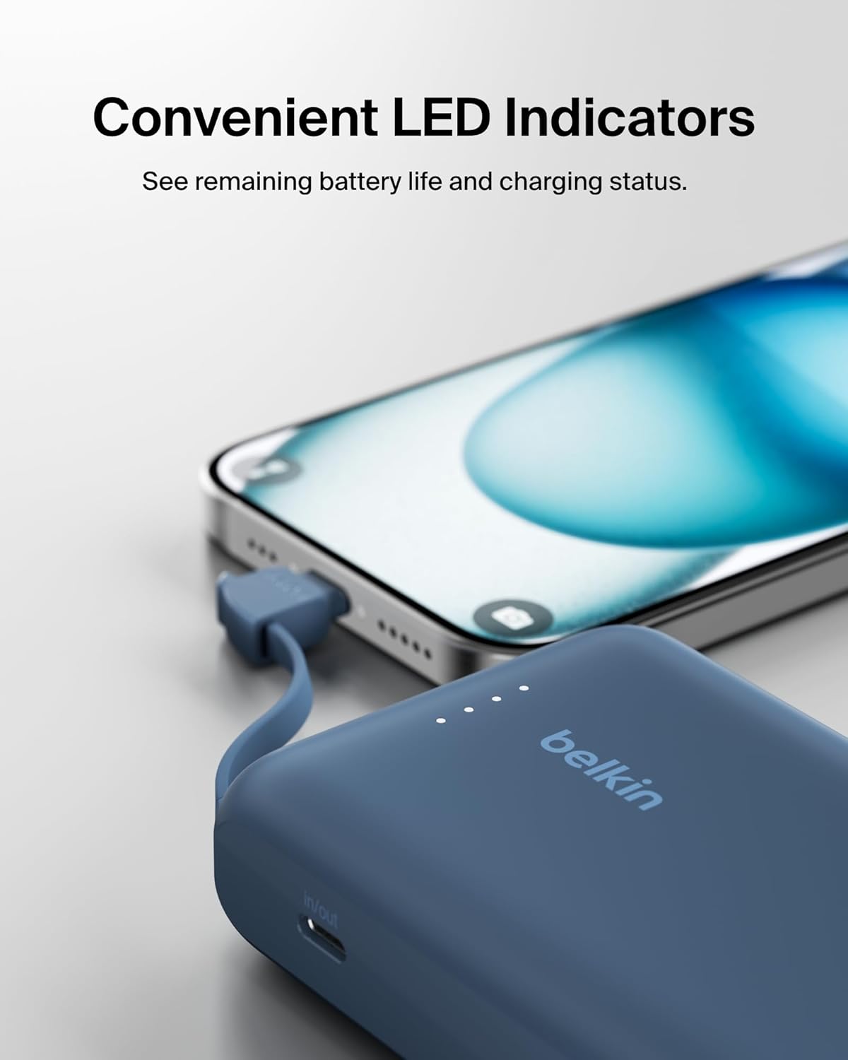 Belkin BoostCharge power bank 10000mAh, portable power bank with integrated cable PD 20W, fast charge USB-C power delivery, power bank fast charging for iPhone 16 series, iPad Pro, Galaxy S24 and more