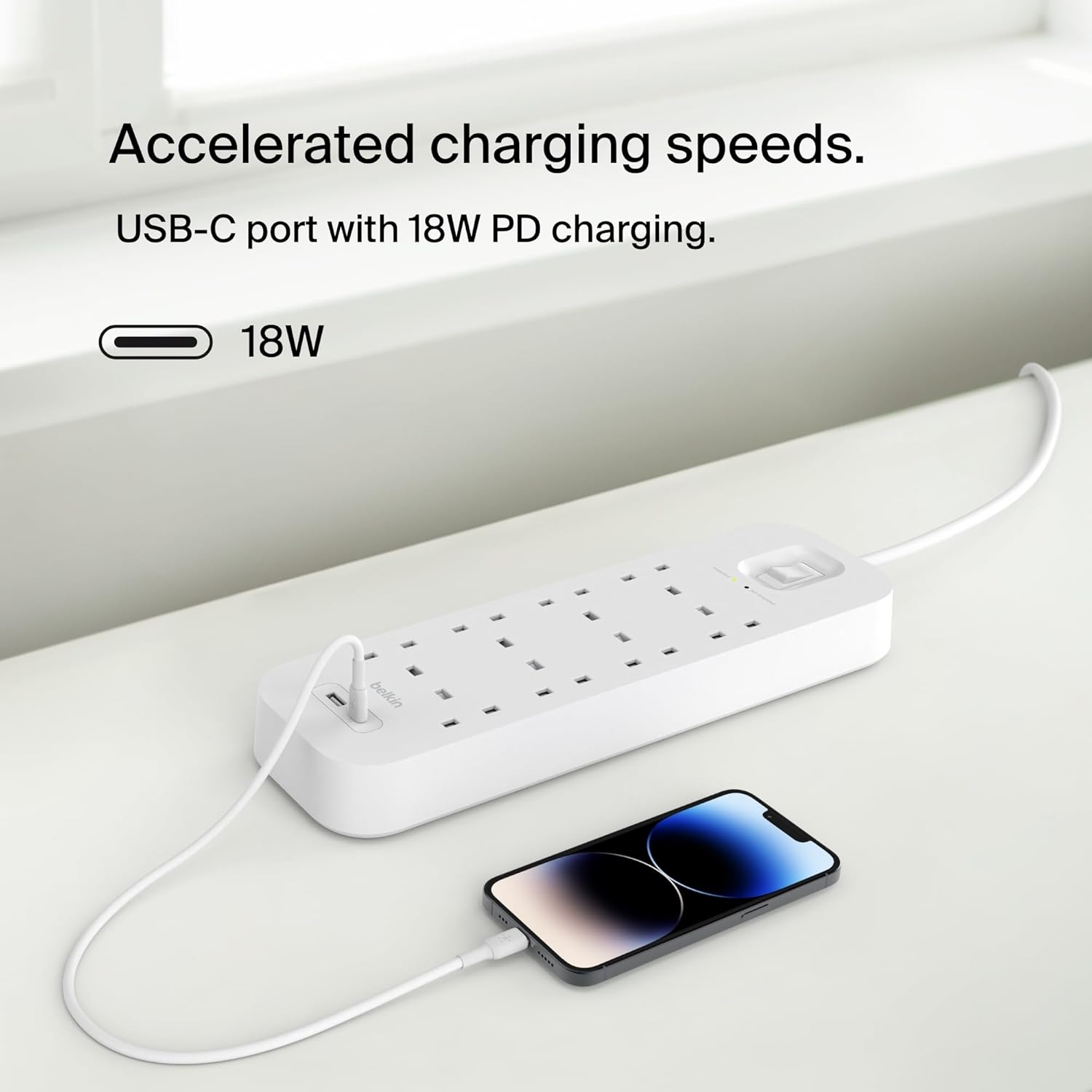 شريط طاقة Belkin Surge Protector 8 منافذ مع 1 USB-C و 1 USB-A بطول 2 متر 