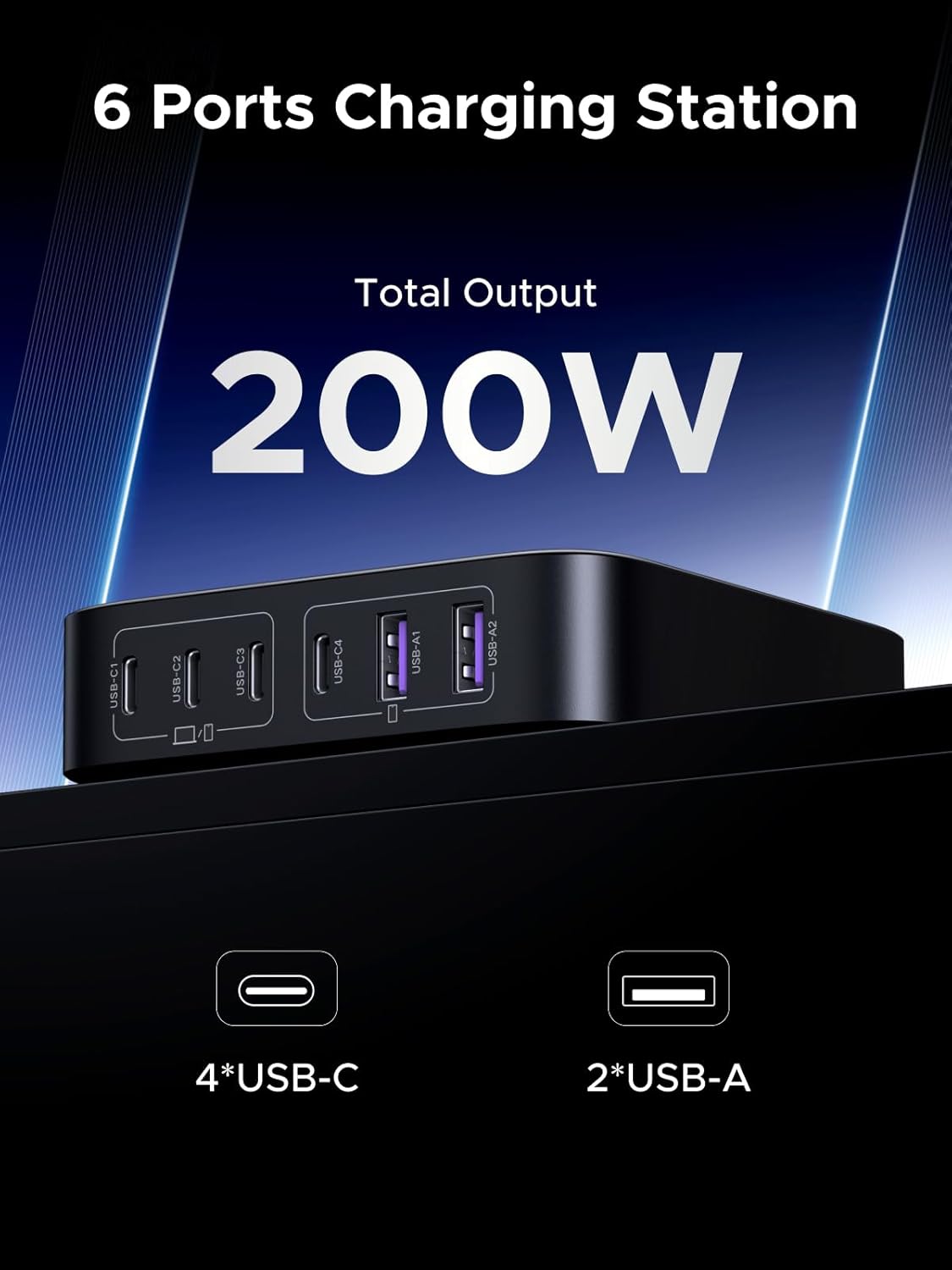 UGREEN 200W USB C Charger, Nexode 6-Port GaN Desktop Charger, USB C Charging Station Black
