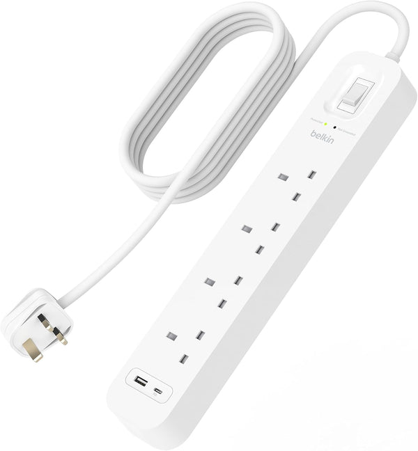 شريط طاقة Belkin 4 منافذ، واقي من زيادة التيار، قابل للتركيب على الحائط مع 4 منافذ تيار متردد، سلك طاقة بطول 2 متر، أبيض
