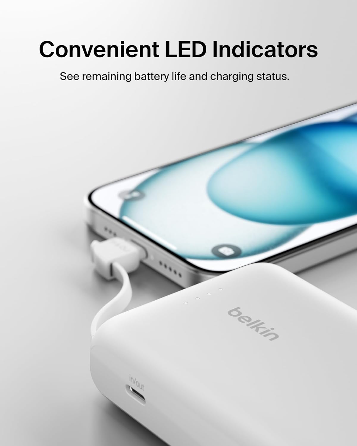 شاحن سريع من Belkin، محمول مع كابل مدمج 10K PD 20W - شحن سريع - توصيل طاقة C، شحن سريع لأجهزة iPhone وiPhone 16 Series وiPad Pro وGalaxy S24 والمزيد