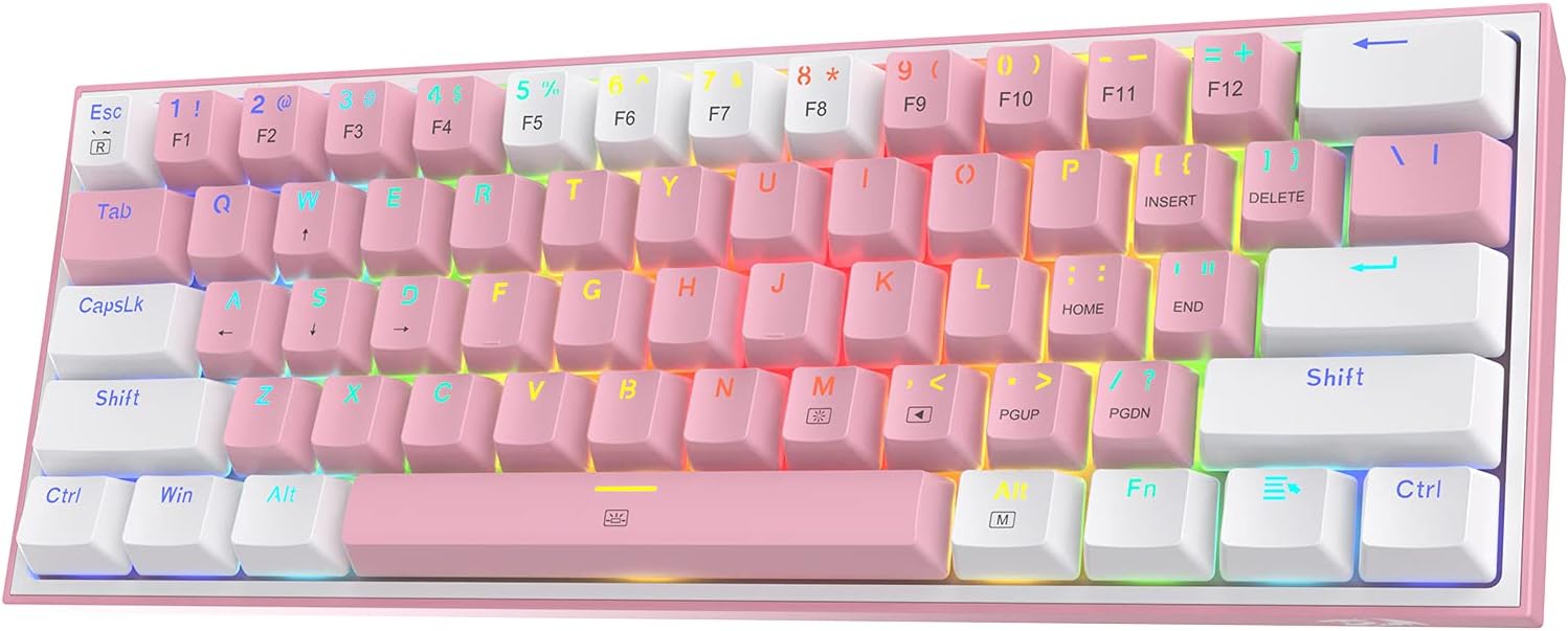 Redragon K617-R WP Fizz Rainbow Mechanical Gaming Keyboard – 61 Keys, Wired, Blue Switches, White/Pink