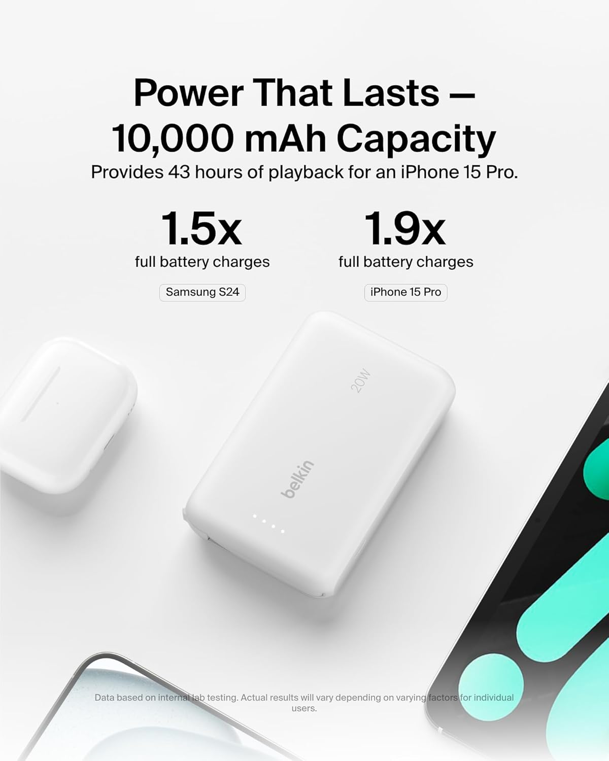 شاحن سريع محمول من Belkin مع كابل مدمج 10K PD 20W أبيض