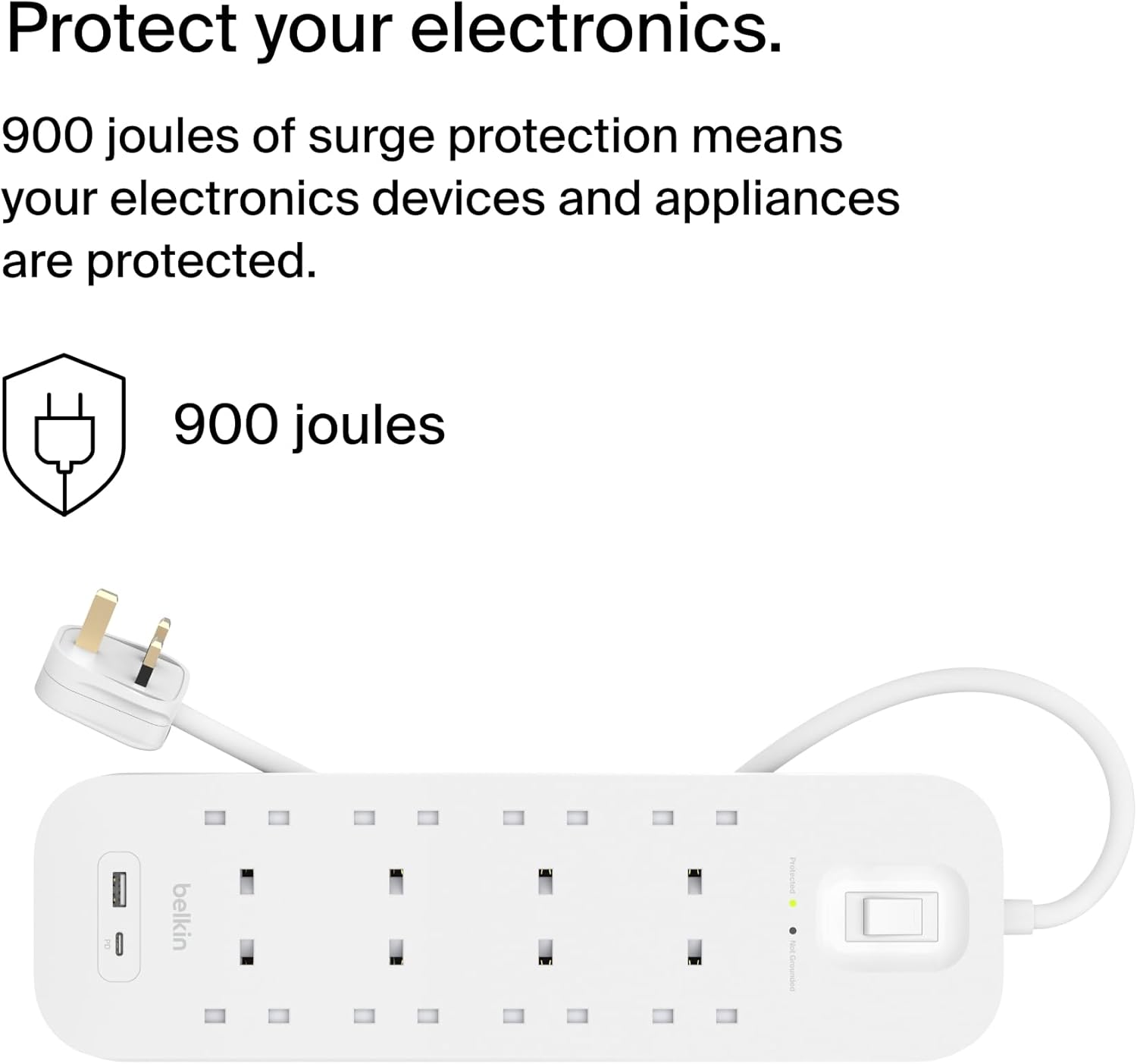 شريط طاقة Belkin Surge Protector 8 منافذ مع 1 USB-C و 1 USB-A بطول 2 متر 