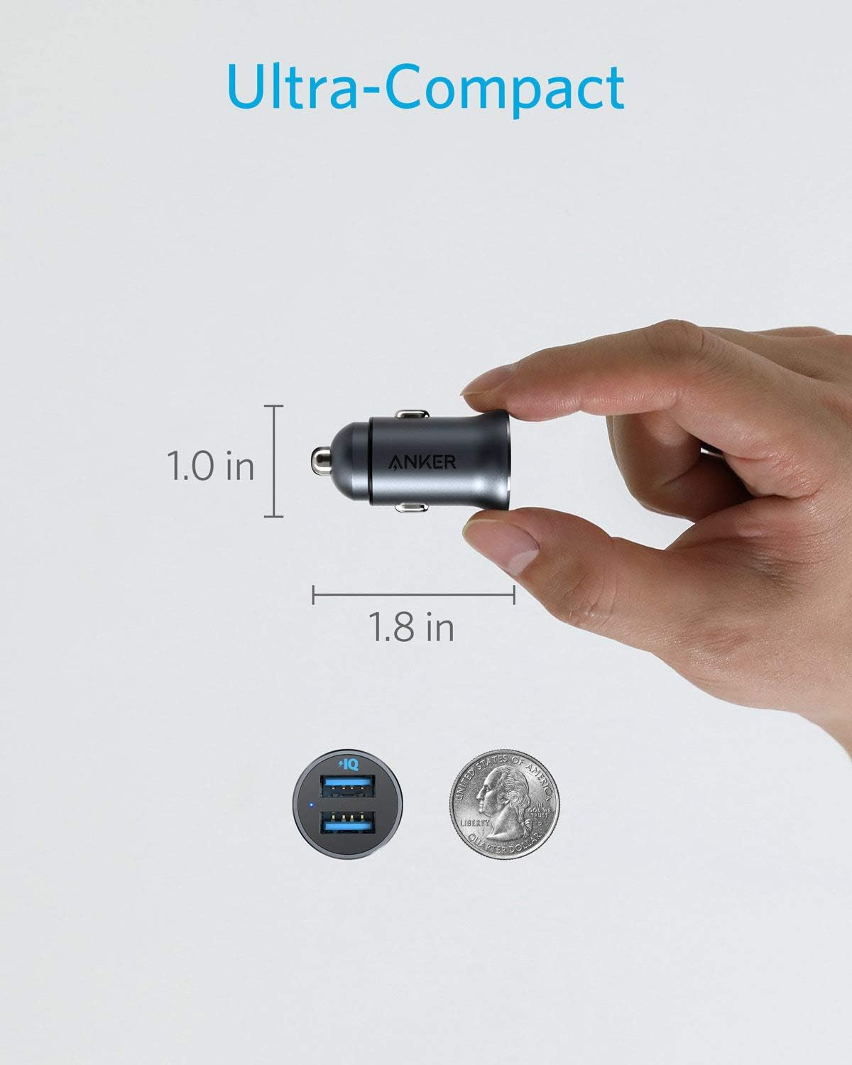 شاحن سيارة Anker 320 (24 واط II)، منفذ USB مزدوج صغير من سبائك الألومنيوم مع مصباح LED أزرق لسلسلة iPhone 16 15 14 13 12، iPad Pro/Air 2/Mini، Galaxy والمزيد - غير متوافق مع الشحن السريع (أسود)