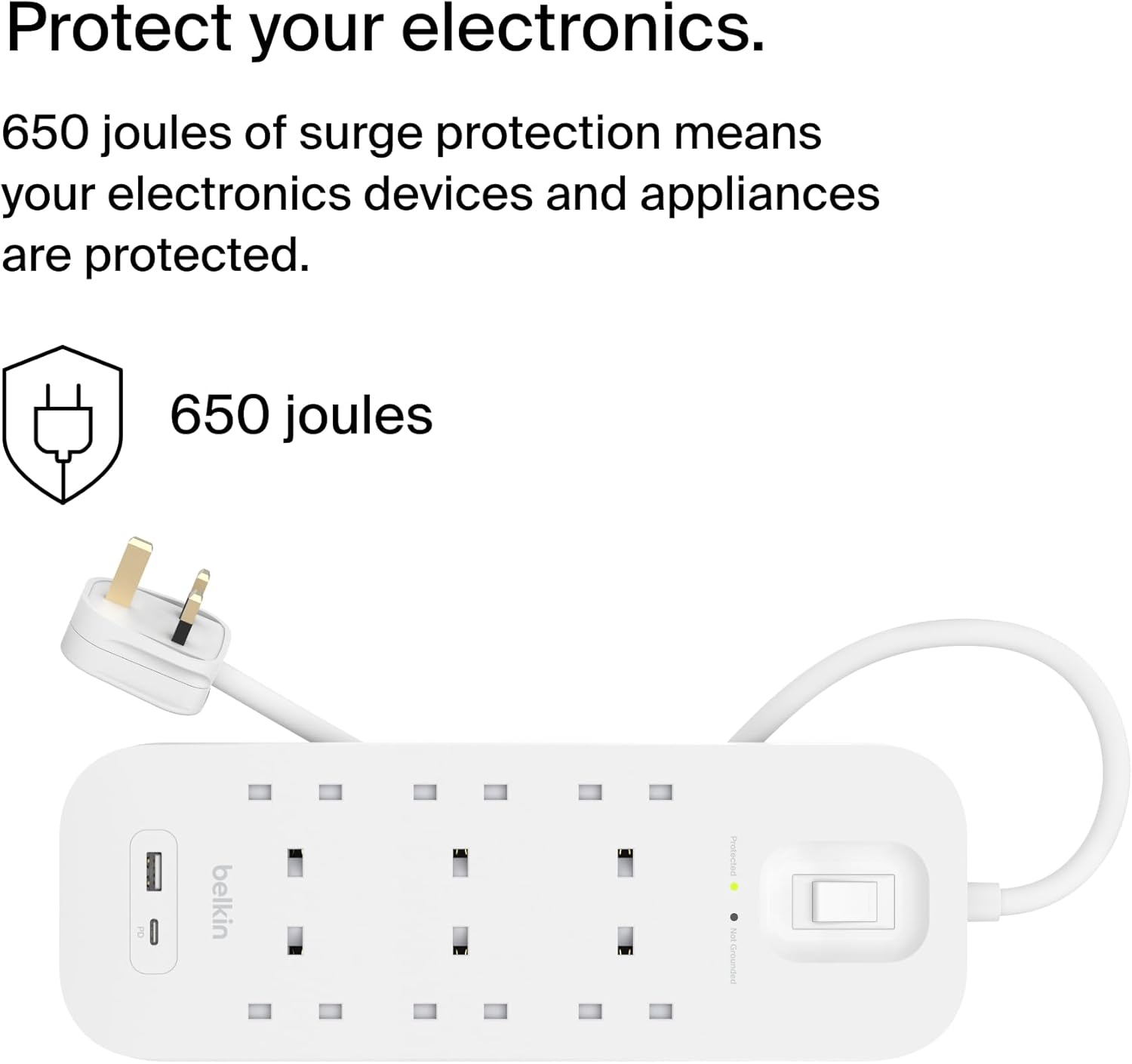 شريط طاقة Belkin 6 منافذ، واقي من زيادة التيار، قابل للتركيب على الحائط مع 6 منافذ تيار متردد، سلك طاقة بطول 2 متر، أبيض
