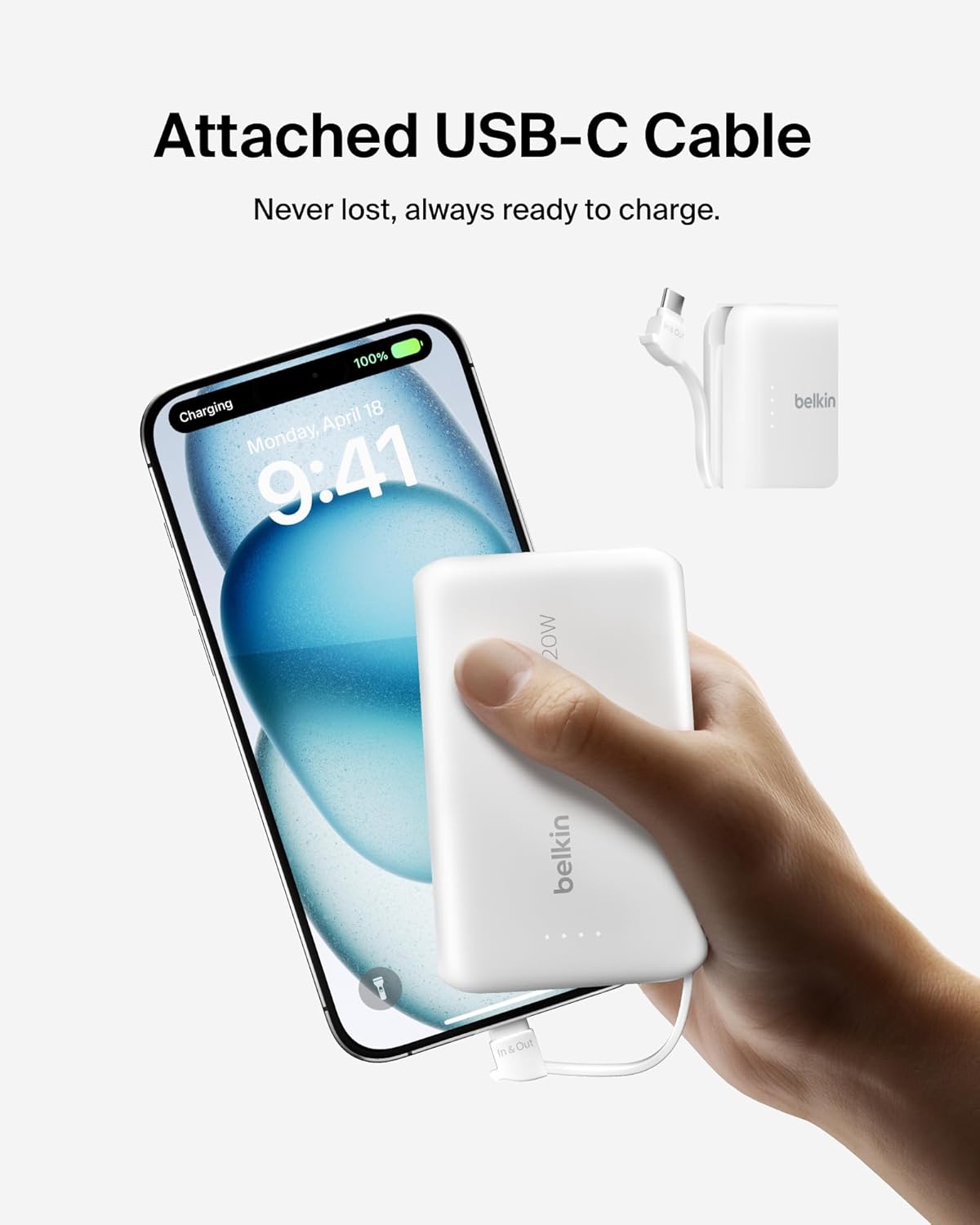 شاحن سريع من Belkin، محمول مع كابل مدمج 10K PD 20W - شحن سريع - توصيل طاقة C، شحن سريع لأجهزة iPhone وiPhone 16 Series وiPad Pro وGalaxy S24 والمزيد