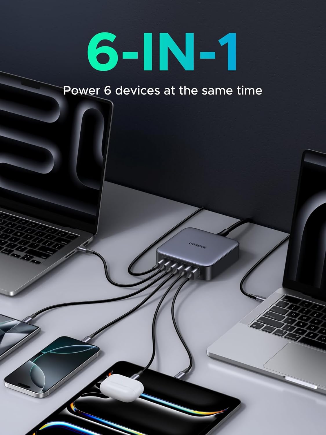 UGREEN 200W USB C Charger, Nexode 6-Port GaN Desktop Charger, USB C Charging Station Black