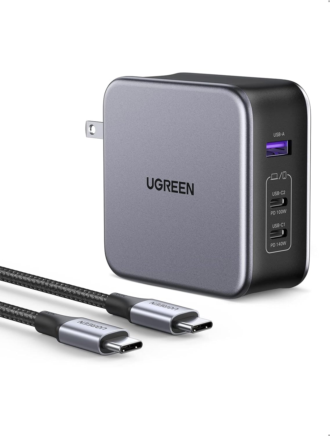 green USB-A + 2 USB-C 140W GaN Tech Fast Charger with C to C Cable 1.5m Grey