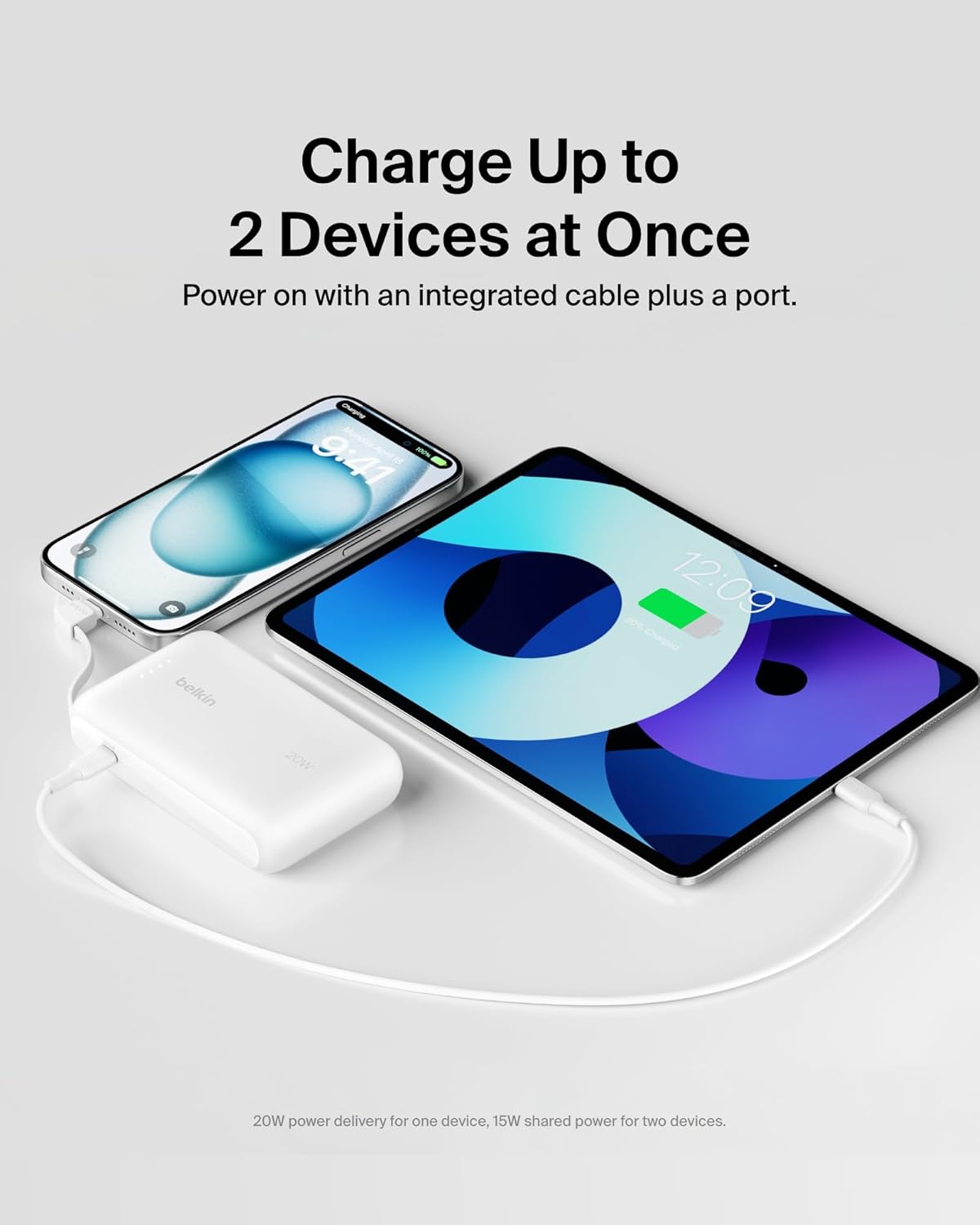 شاحن سريع محمول من Belkin مع كابل مدمج 10K PD 20W أبيض