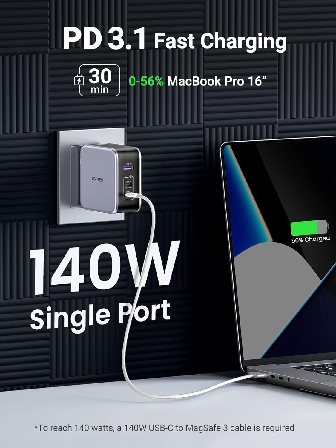 green USB-A + 2 USB-C 140W GaN Tech Fast Charger with C to C Cable 1.5m Grey