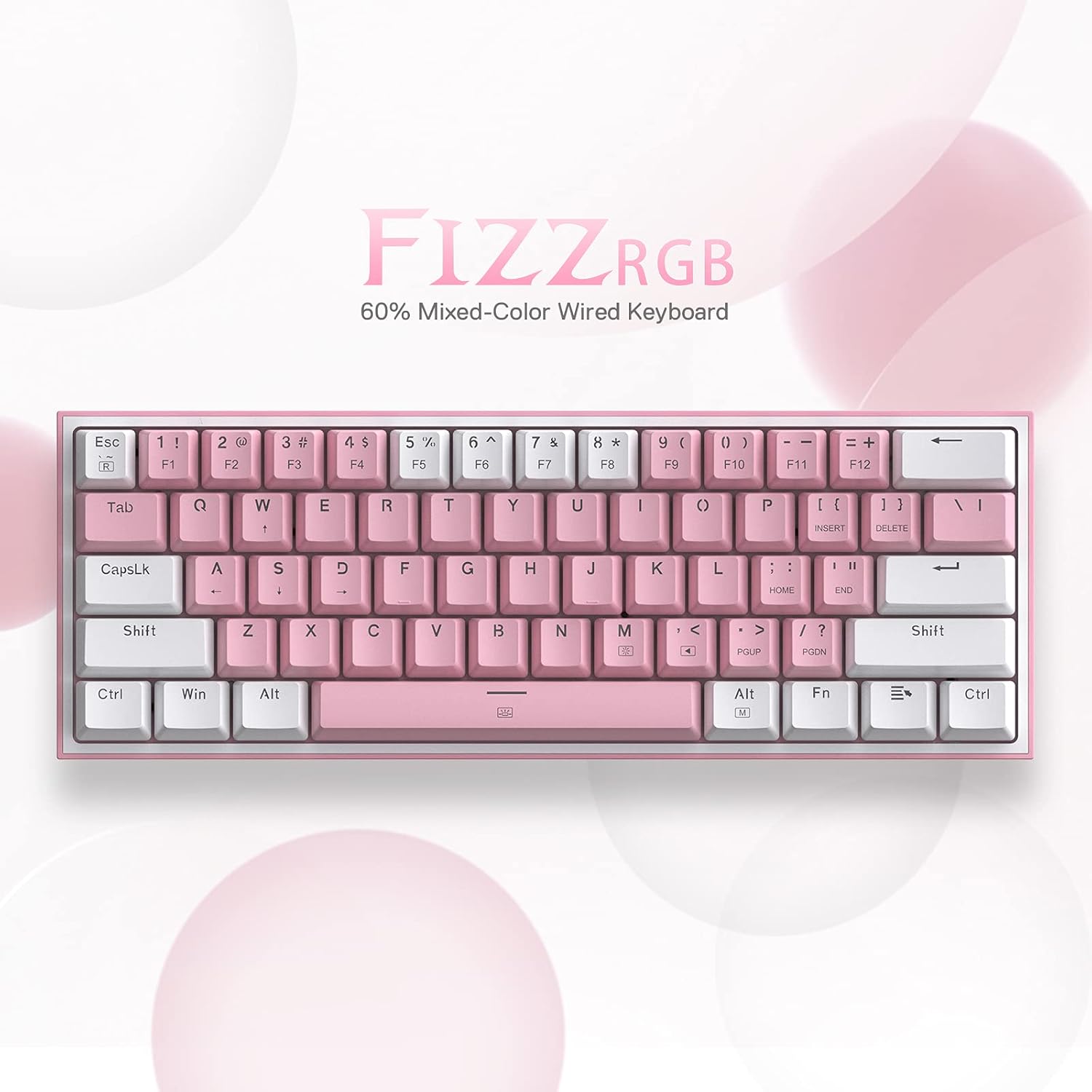 Redragon K617-R WP Fizz Rainbow Mechanical Gaming Keyboard – 61 Keys, Wired, Blue Switches, White/Pink