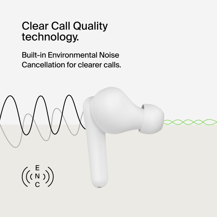 سماعات أذن لاسلكية Belkin SoundForm Rhythm True مع ميكروفون مدمج، وشحن سريع USB-C، وبطارية تدوم حتى 28 ساعة، باللون الأبيض 