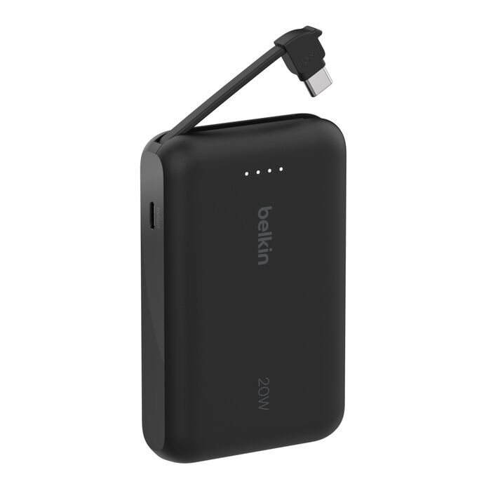 شاحن سريع محمول من Belkin مع كابل مدمج 10K PD 20W أسود 