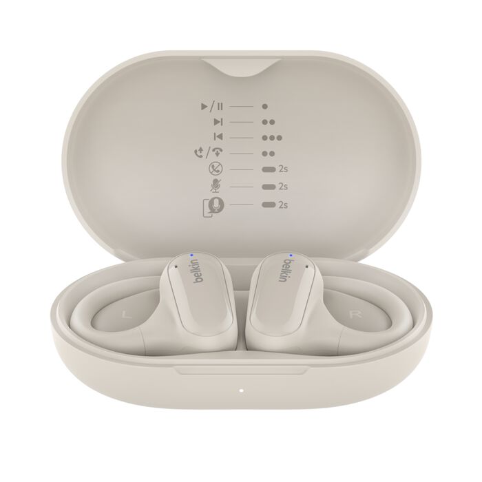 سماعات أذن لاسلكية مفتوحة من Belkin SoundForm ClearFit، سماعات أذن رياضية خفيفة الوزن، سماعات أذن بلوتوث بيضاء 