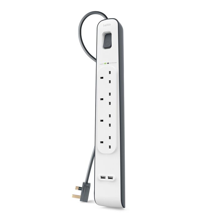 شريط حماية من زيادة التيار الكهربائي Belkin 2.4 أمبير USB للشحن بأربعة منافذ، أبيض