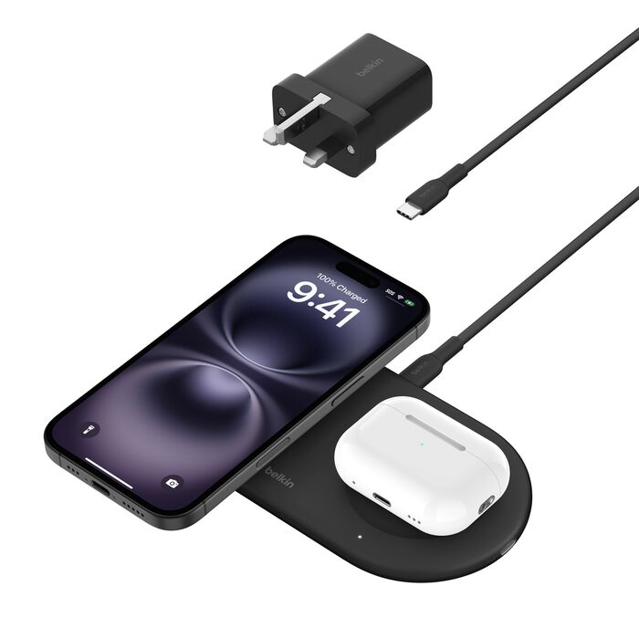 لوحة شحن لاسلكية Belkin Boost Charge Pro 2 في 1 مع Qi2 مغناطيسي 15 واط، لون أسود