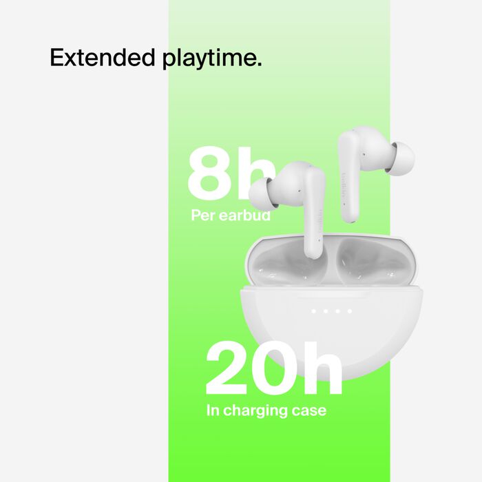 سماعات أذن لاسلكية Belkin SoundForm Rhythm True مع ميكروفون مدمج، وشحن سريع USB-C، وبطارية تدوم حتى 28 ساعة، باللون الأبيض 