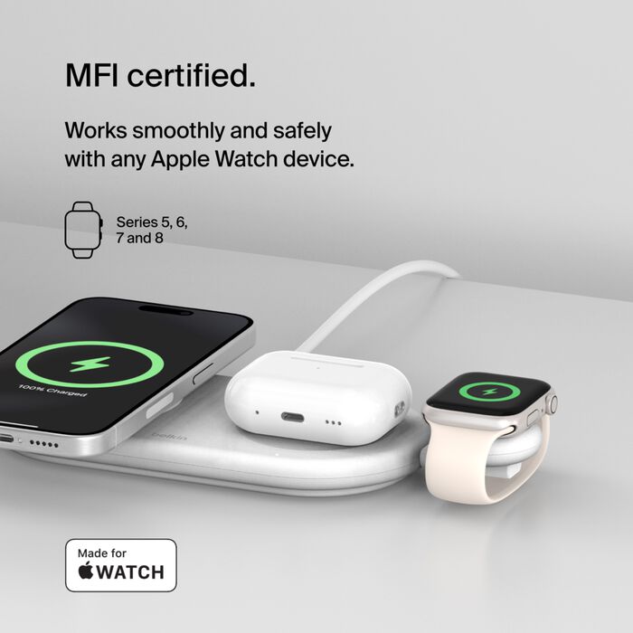 شاحن Belkin Boost Charge Pro المحمول USB-C لساعة Apple Watch معتمد من MFi لساعة Apple Watch باللون الأبيض 
