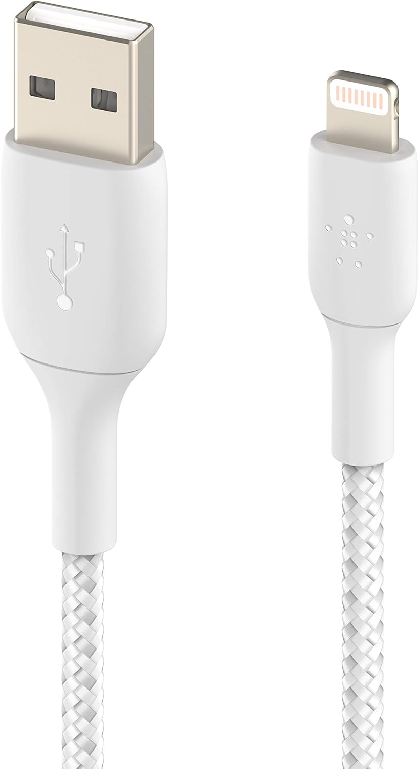 كابل Belkin 3 متر Boost Charge المضفر من Lightning إلى USB-A باللون الأبيض