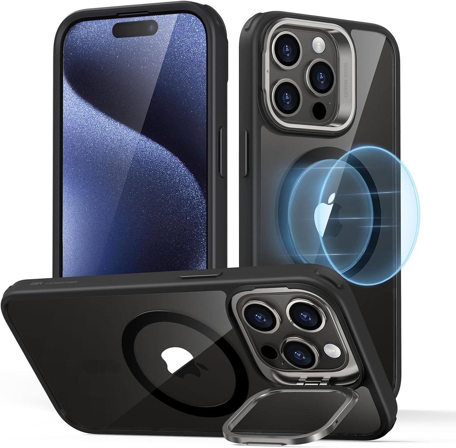 ESR for iPhone 15 Pro Max Case, Compatible with MagSafe, Military-Grade Protective Case, Built-in Stash Stand Phone Case Clear Black