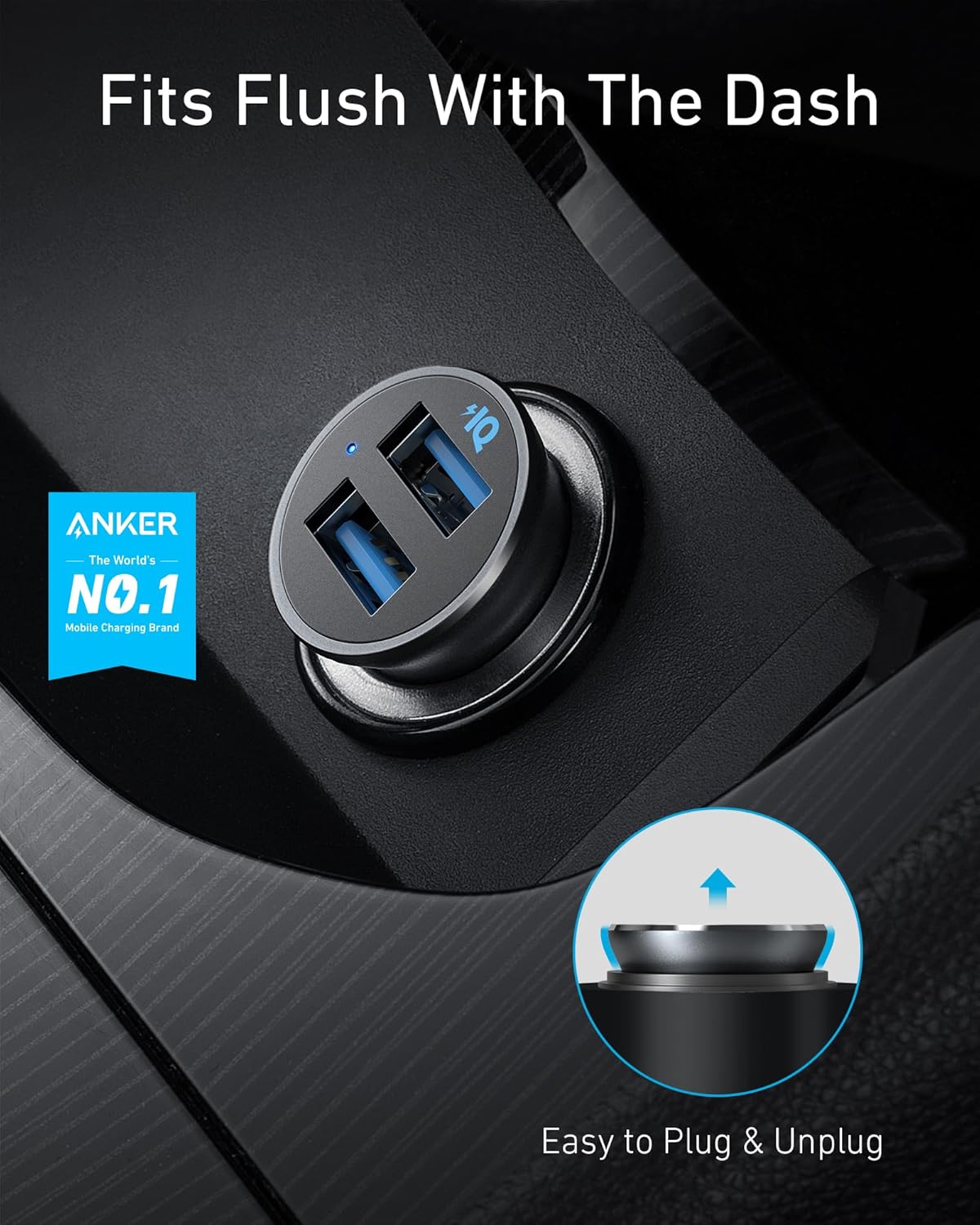 شاحن سيارة Anker 320 (24 واط II)، منفذ USB مزدوج صغير من سبائك الألومنيوم مع مصباح LED أزرق لسلسلة iPhone 16 15 14 13 12، iPad Pro/Air 2/Mini، Galaxy والمزيد - غير متوافق مع الشحن السريع (أسود)